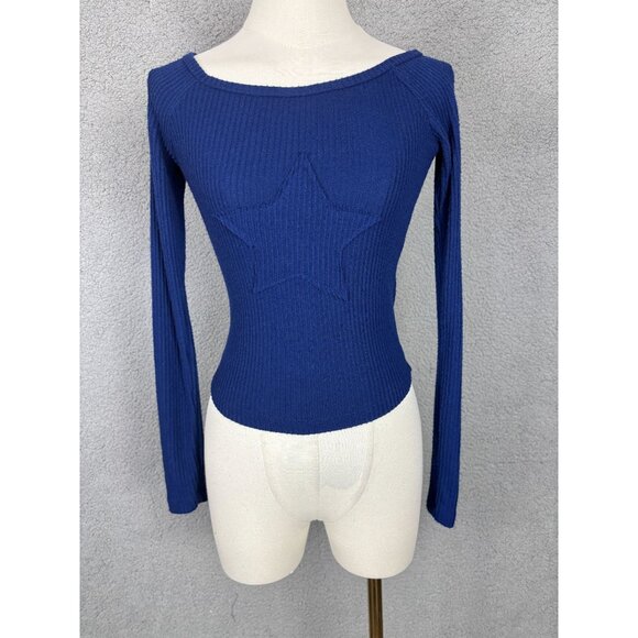 Just Polly Juniors' Cozy Star Patch  Knit Ribbed Blue  Long Sleeve Top Small NWT - Picture 1 of 8